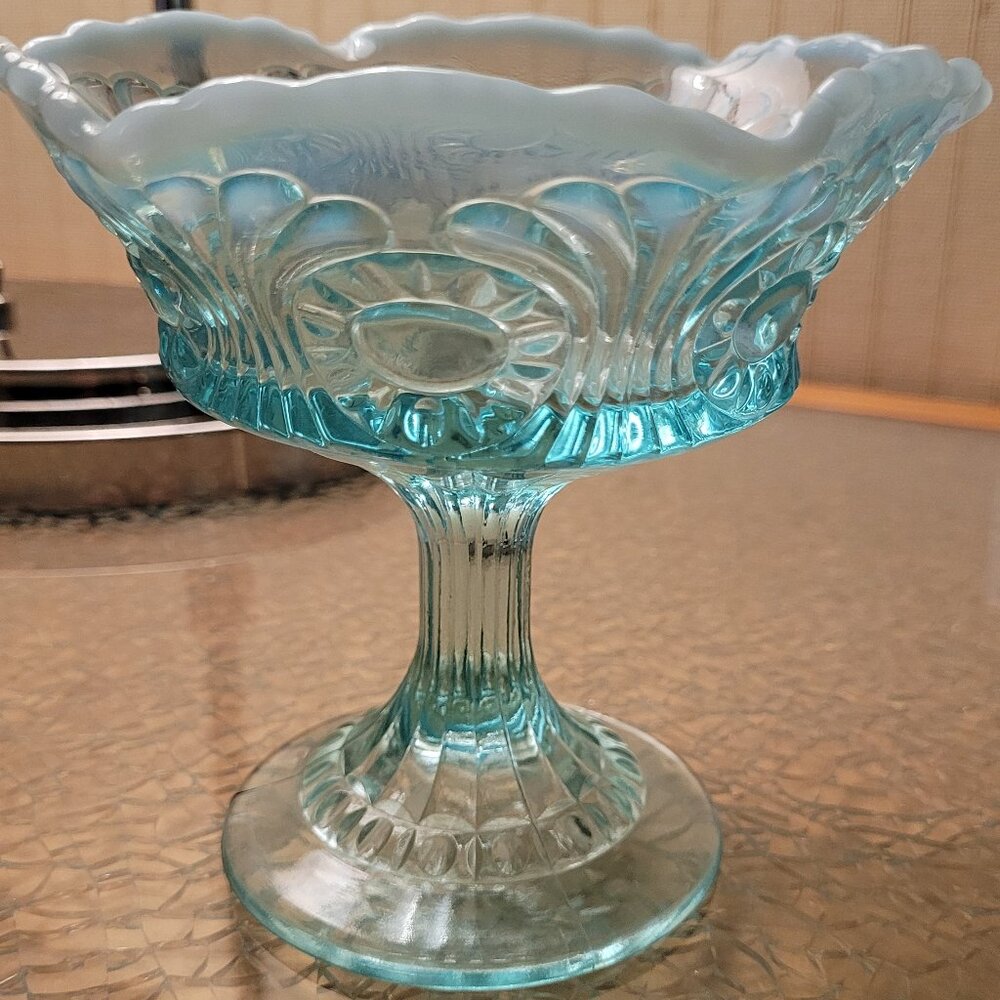 Vintage Fenton Blue Opalescent Compote with Milky White Rim and Scroll and Eye